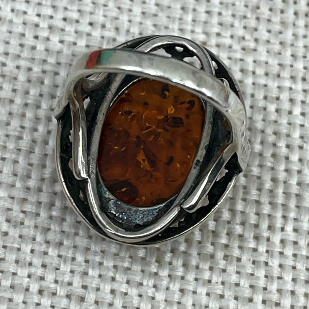 Vintage 925 Poland Baltic Amber Sterling Silver Ring, Size 5.5 - Picture 8 of 16